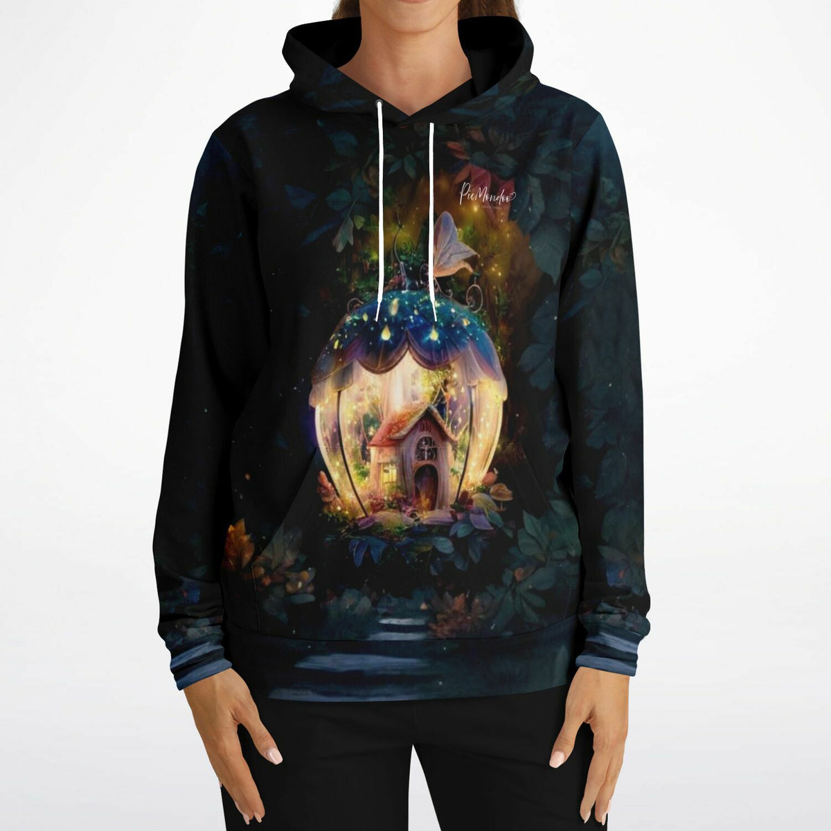 Schwarzer Picmondoo Hoodie mit leuchtendem Fantasiehaus Druck, inspiriert von Diamond Painting und Malen nach Zahlen Motiven