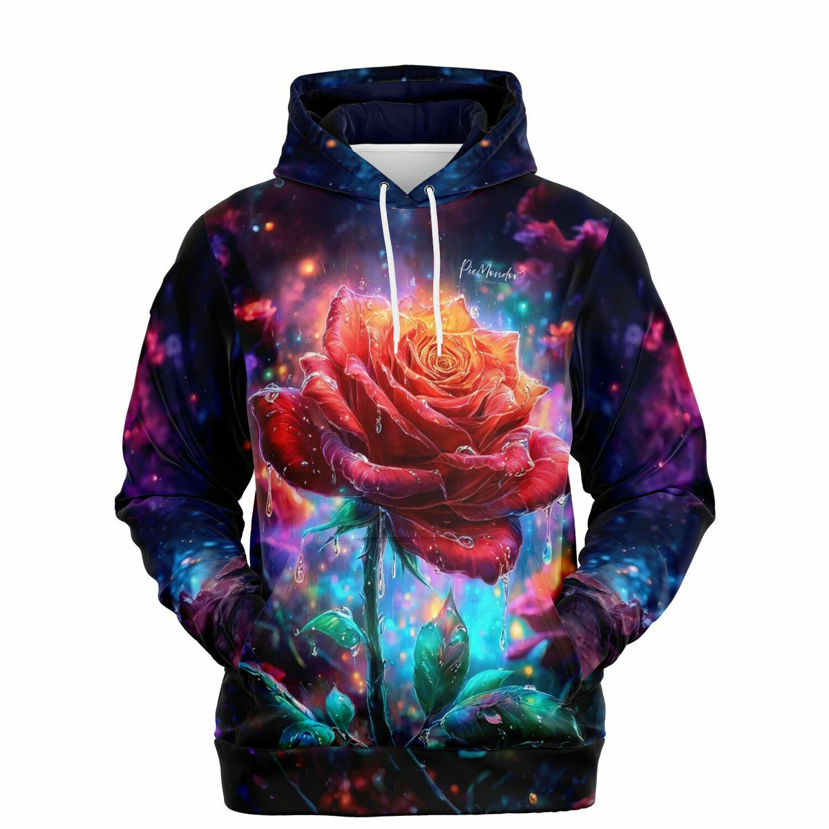 Dreamer Hoodie Regentanz mit leuchtender roter Rose und Wassertropfen im Galaxy-Design als hochwertiger AOP-Print