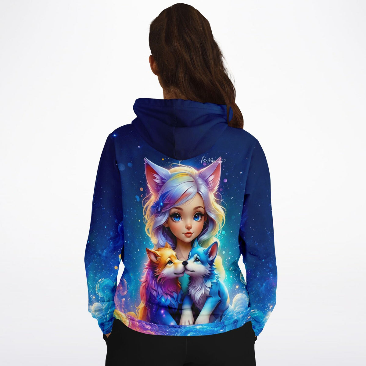 Dreamer Hoodie mit Wolfsmädchen Finja Motiv in leuchtenden Farben, inspiriert von Diamond Painting und Kunst-Designs.
