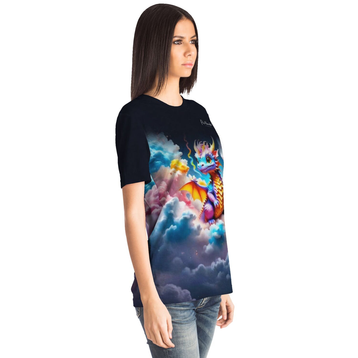 Schwarzes T-Shirt mit farbenfrohem Baby-Drache Motiv für Fans von Diamond Painting und Malen nach Zahlen