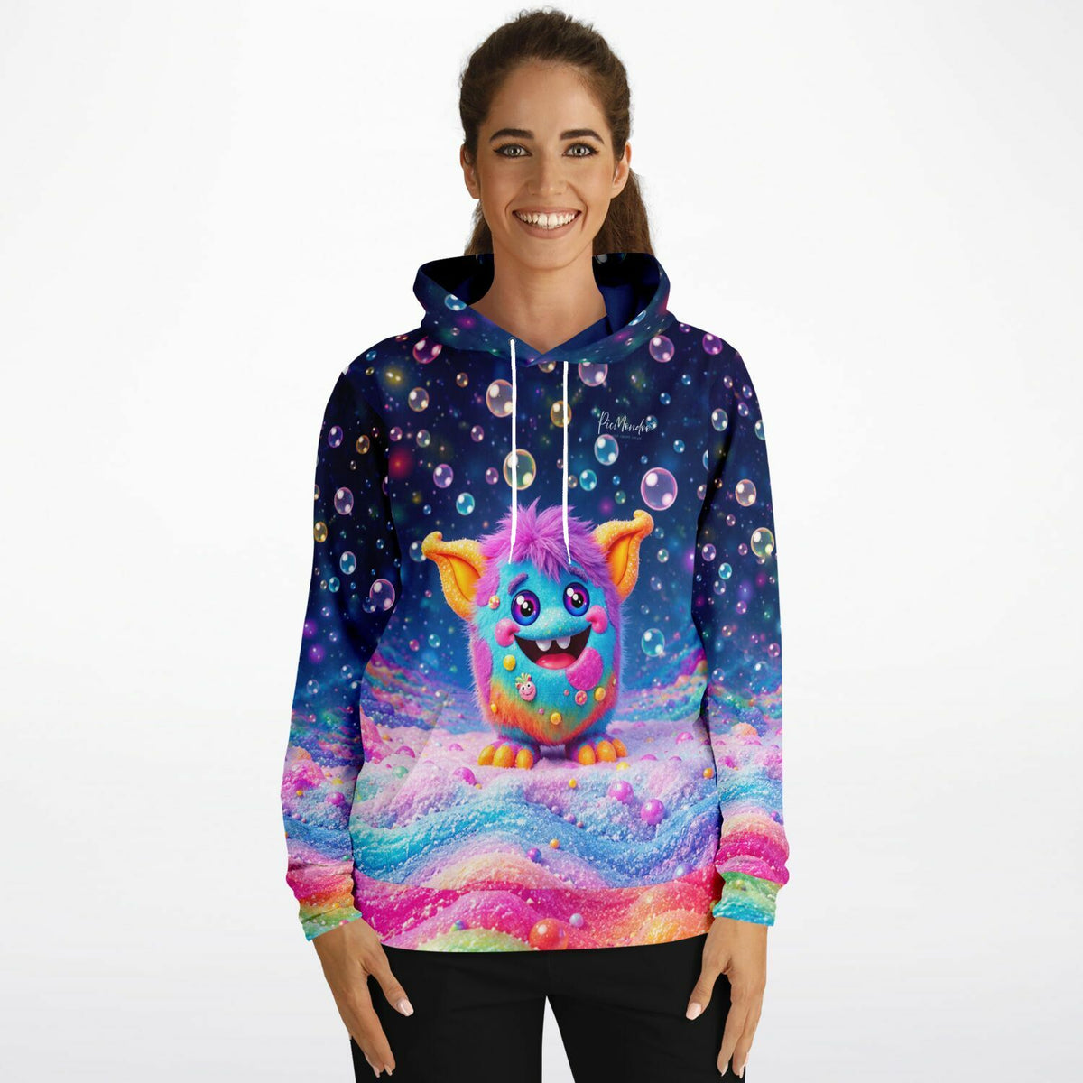 Dreamer Hoodie mit buntem Grinsebacke-Motiv und Seifenblasen im Stil von Diamond Painting und Malen nach Zahlen Designs