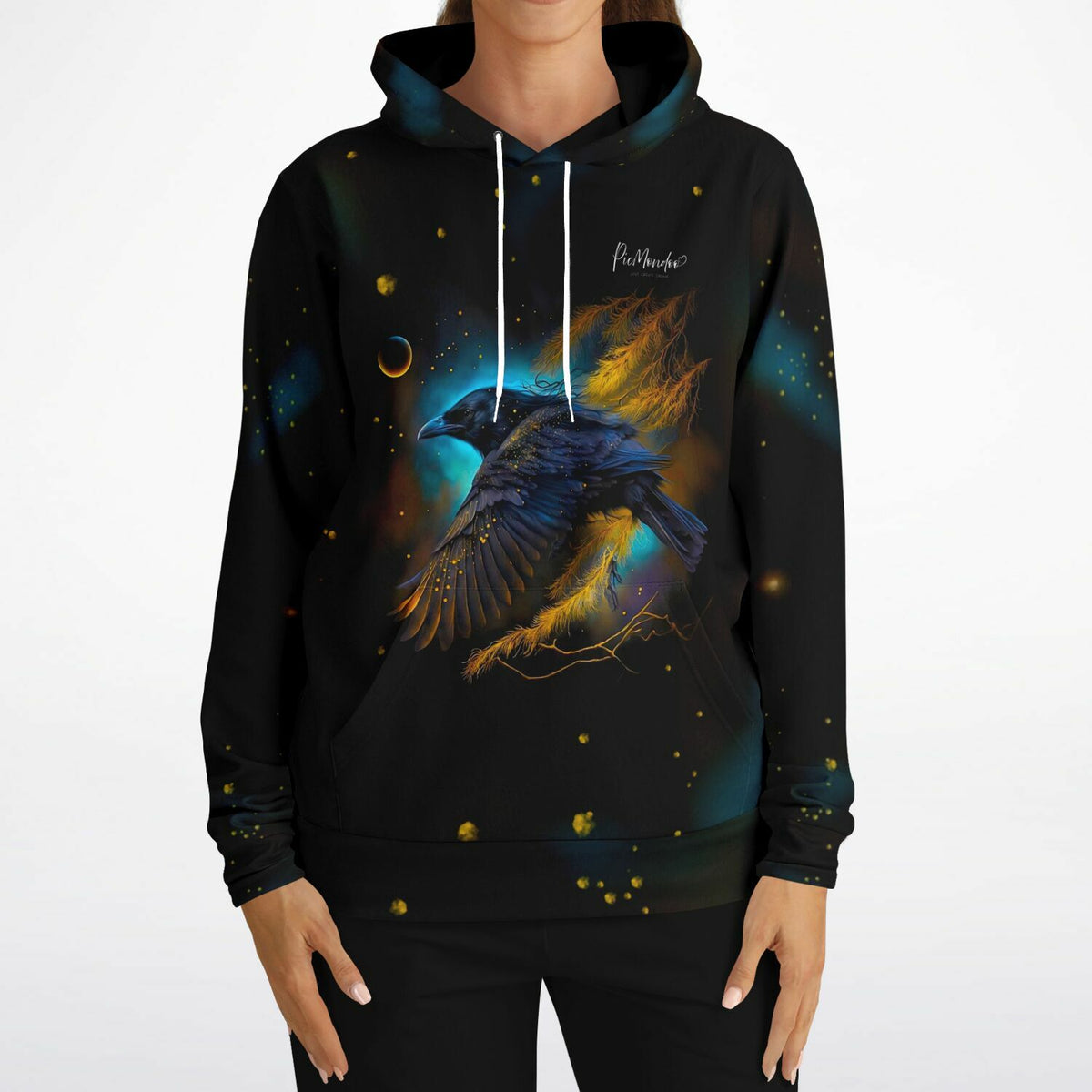 Schwarzer Hoodie mit mystischem Hexenrabe-Motiv im spacigen Design für Fans von Diamond Painting und kreativer Mode.