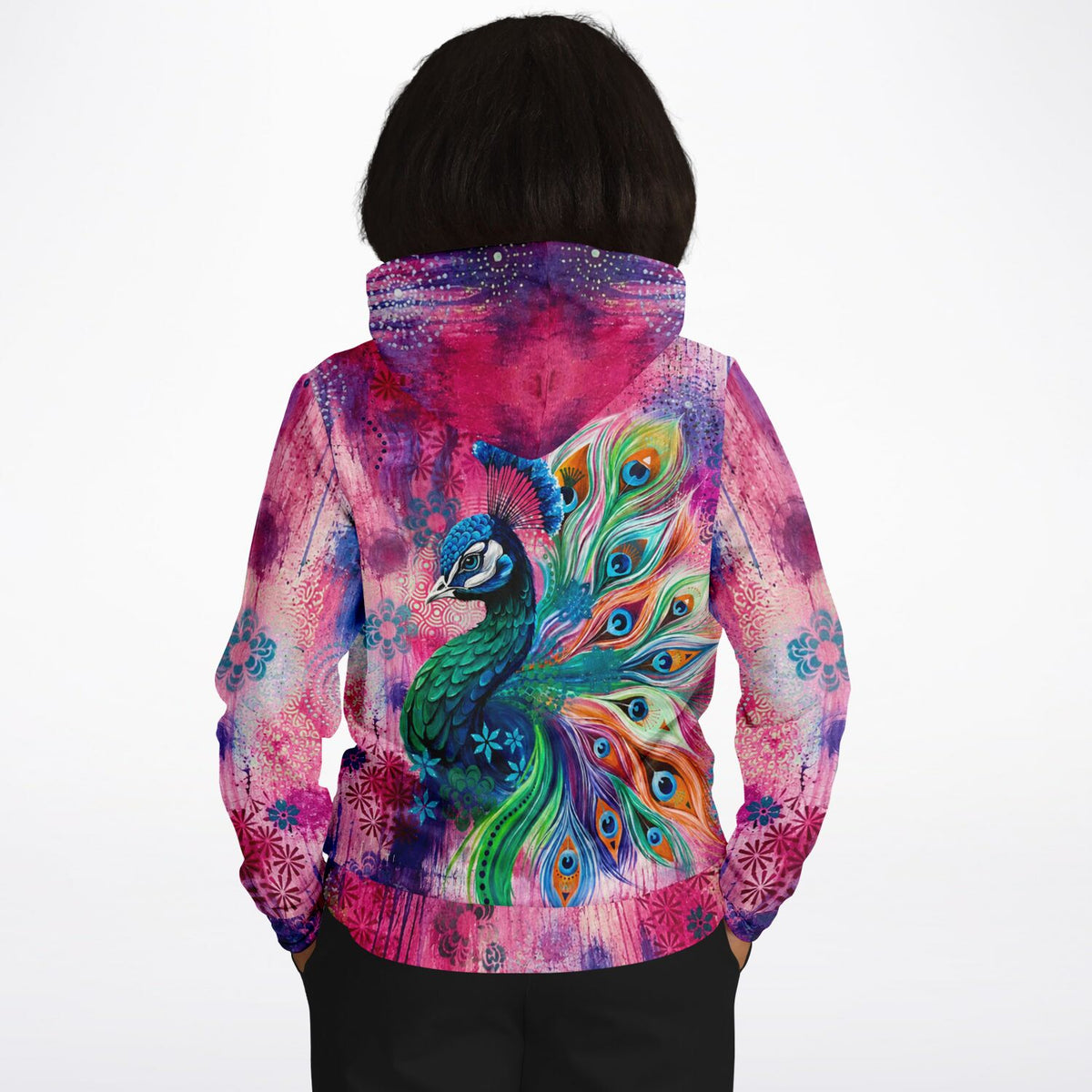 Dreamer Hoodie mit farbenfrohem Pfau-Motiv, inspiriert von Malen nach Zahlen Kunstwerken und lebendigen Mustern.