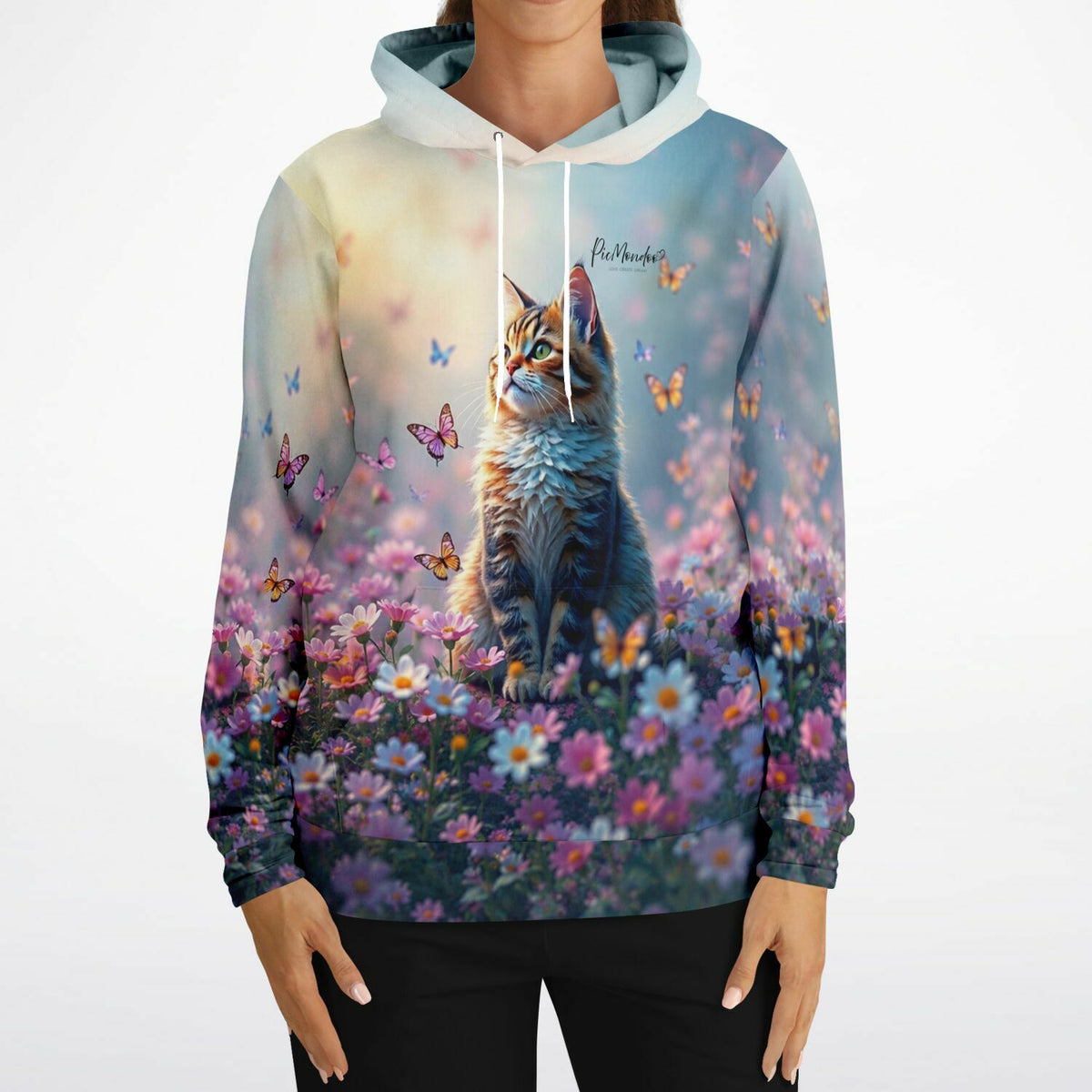 Dreamer Hoodie mit Katzen-Motiv in Blumenwiese und Schmetterlingen – stylisches All-Over-Print Design für Kreativ-Fans
