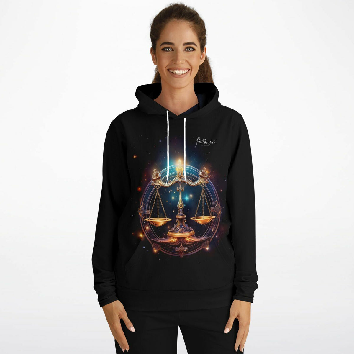 Schwarzer Dreamer Hoodie für Damen mit leuchtendem Sternzeichen Waage Motiv im Diamond Painting Stil