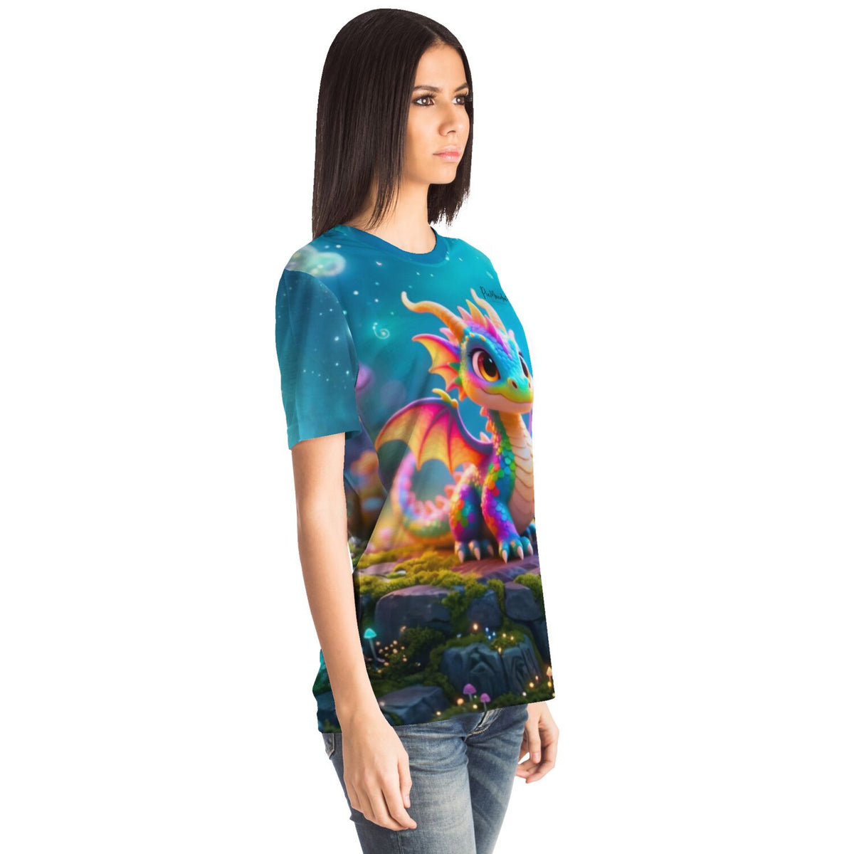 Frau trägt ein T-Shirt mit farbenfrohem Drachen-Print im Stil von Diamond Painting Motiven für Malen nach Zahlen Fans