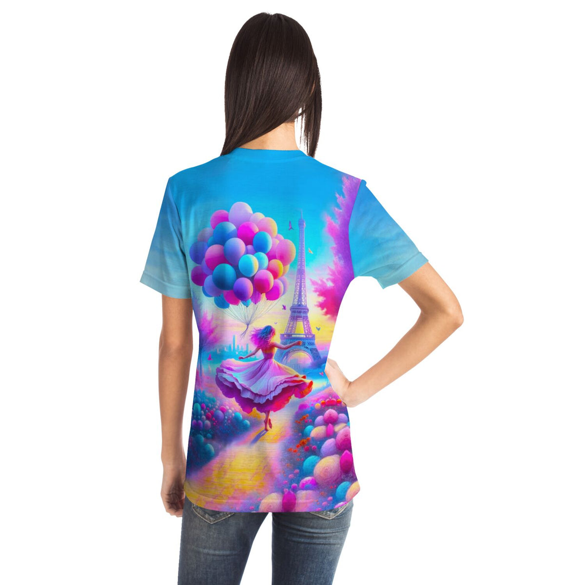 Dreamer T-Shirt mit verträumtem Paris-Motiv, Eiffelturm und bunten Luftballons im Stil von Malen nach Zahlen Kunst