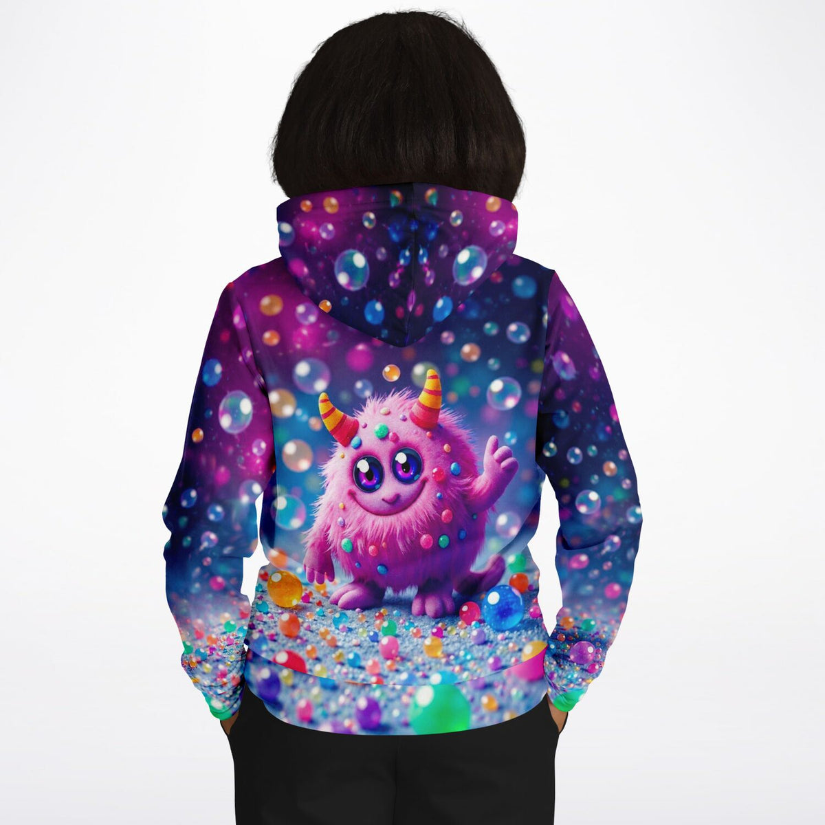 Dreamer Hoodie mit buntem Monster-Motiv und glitzernden Kugeln im Stil eines Diamond Painting Designs