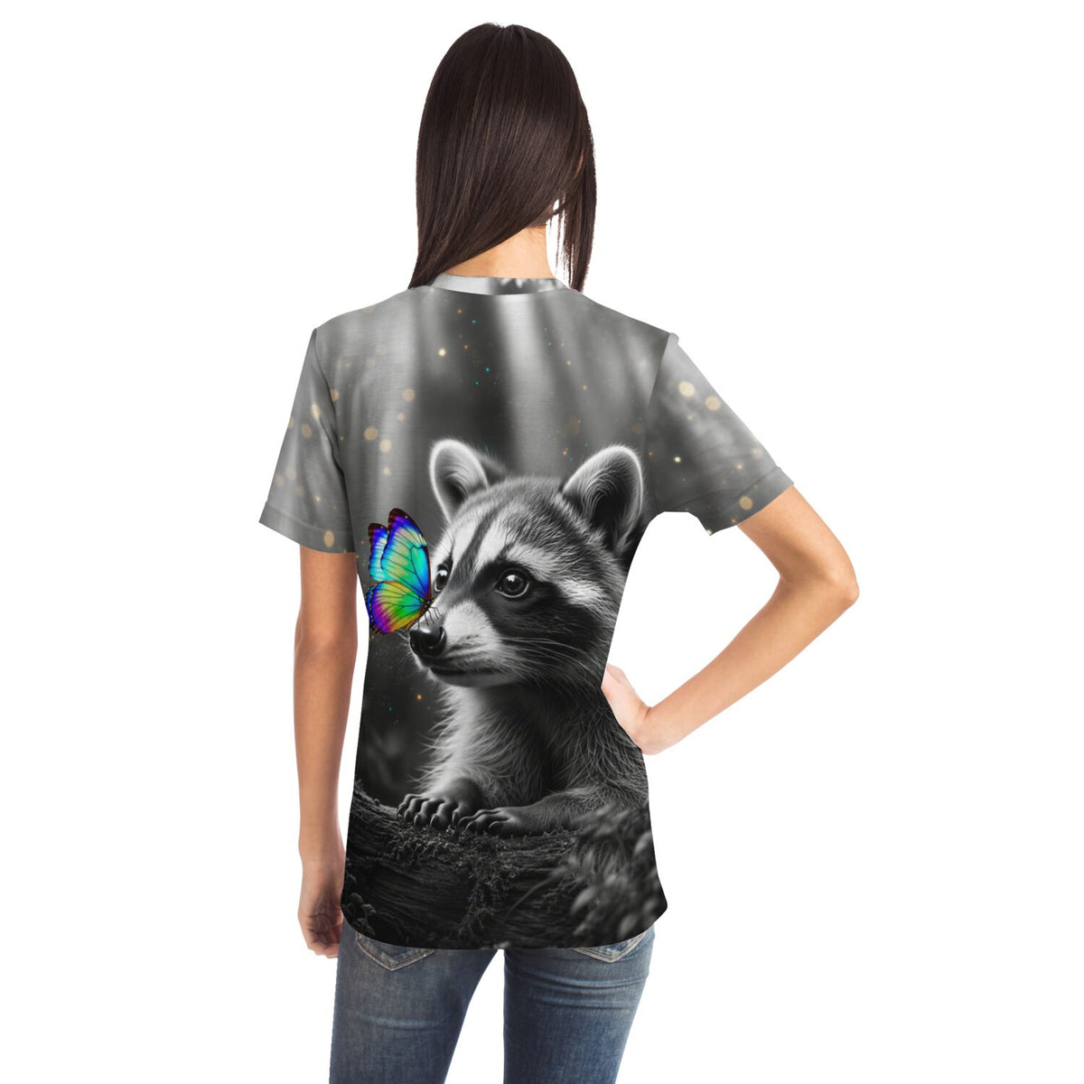 T-Shirt mit Waschbär und buntem Schmetterling im Stil unserer Diamond Painting und Malen nach Zahlen Motive