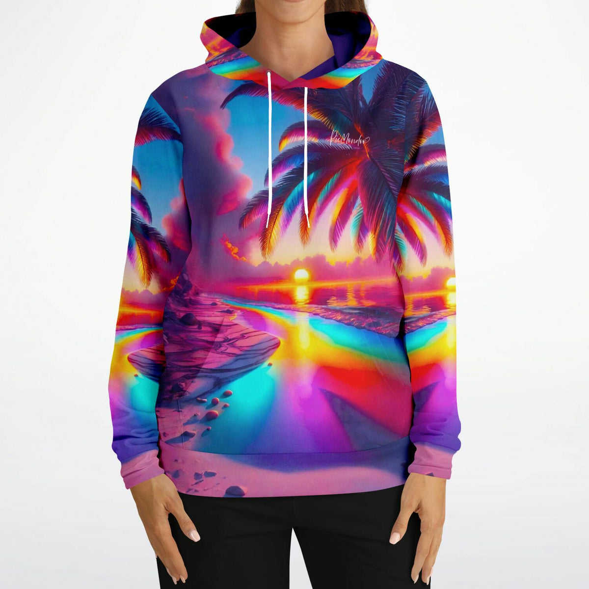 Dreamer Hoodie Zauberstrand mit buntem Palmen-Motiv in leuchtenden Farben als stylisches All-Over-Print Design
