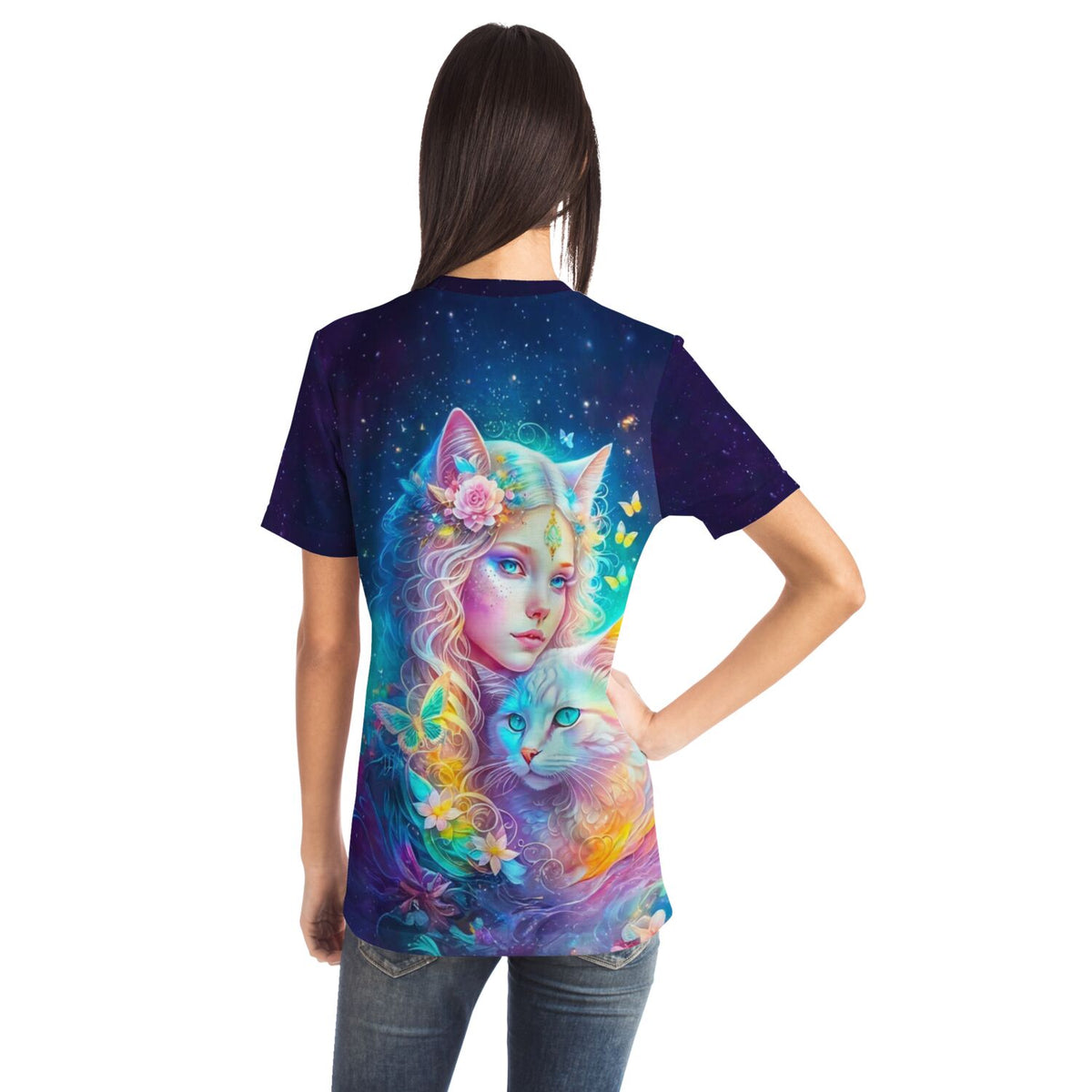 T-Shirt mit Katzenelfe Motiv, buntes Fantasy-Design im Stil von Malen nach Zahlen für Erwachsene