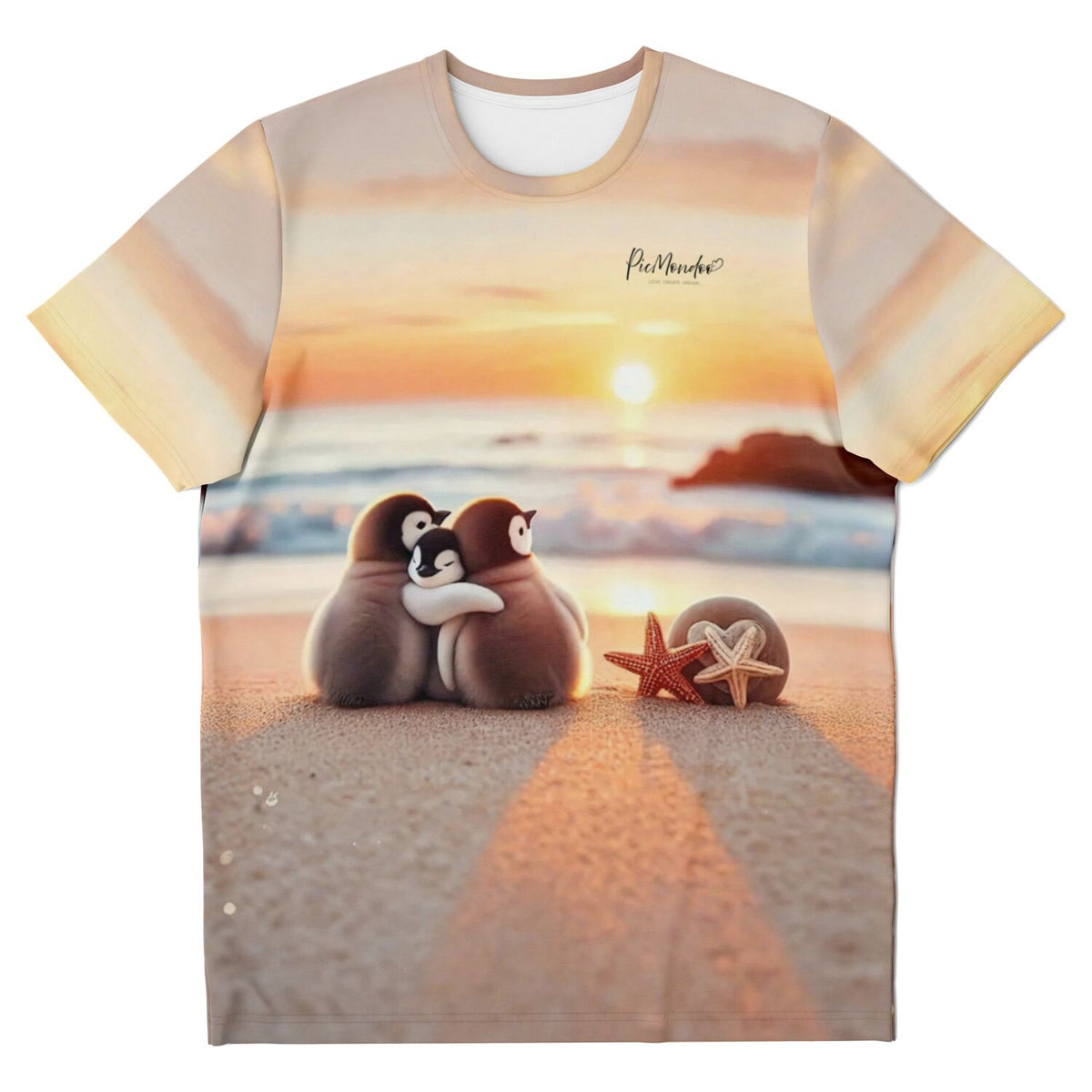 T-Shirt mit Pinguin-Familie am Strand bei Sonnenuntergang, passend zum Stil von Diamond Painting und Malen nach Zahlen