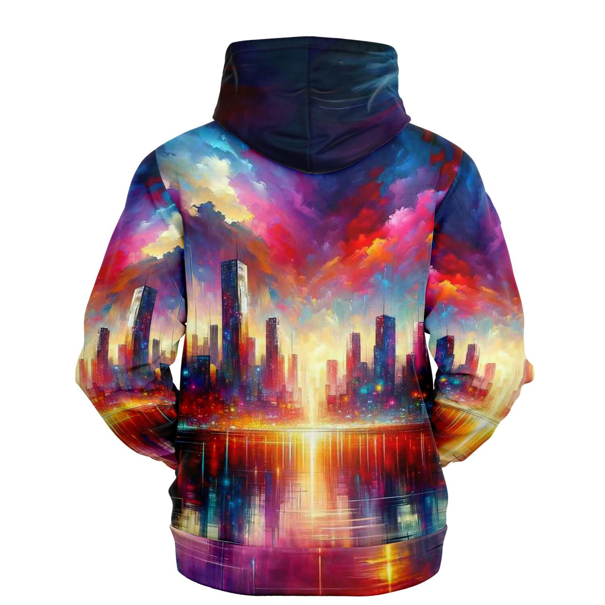 Dreamer Hoodie mit abstrakter Skyline, buntem Wolkenhimmel und Spiegelung, hochwertiges AOP-Design im Kunst-Stil