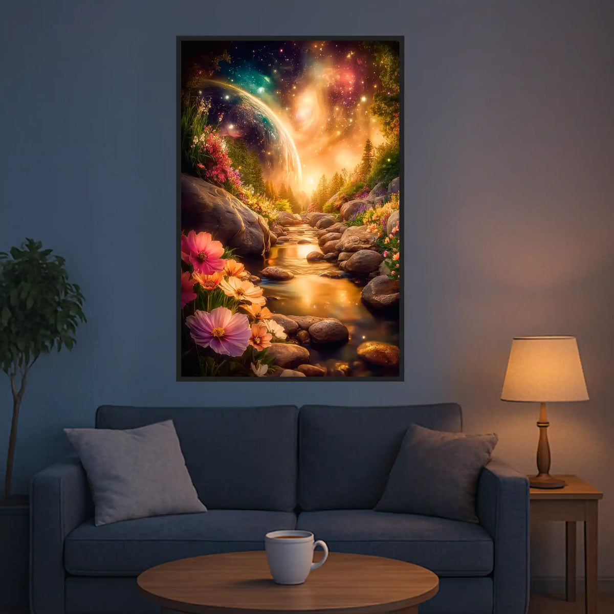 Diamond Painting XXL mit magischer Fels- und Flusslandschaft, bunten Blumen und strahlendem kosmischen Sternenhimmel.