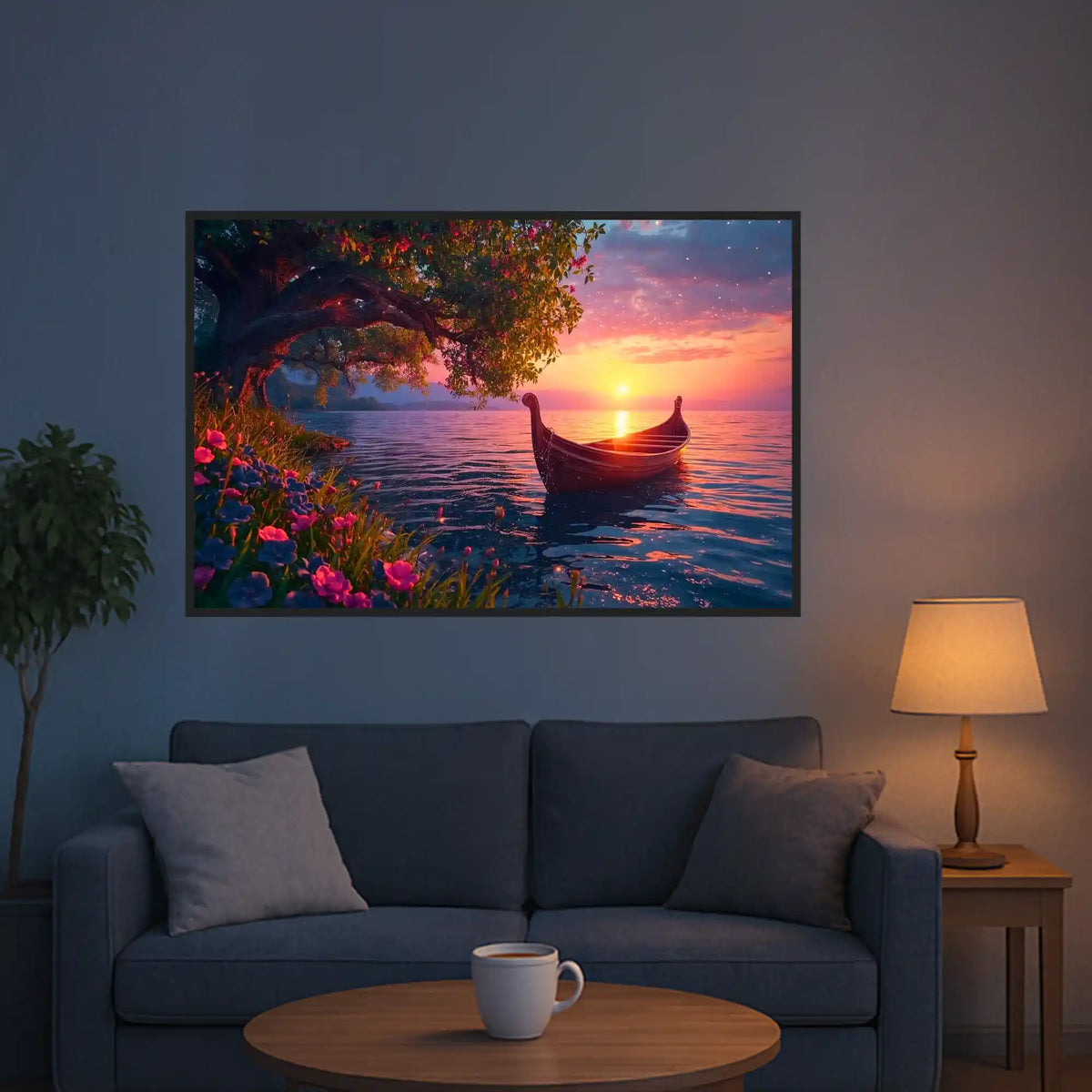 Diamond Painting XXL: Romantische Landschaft mit Ruderboot, Blumenwiese und warmem Sonnenuntergang am See