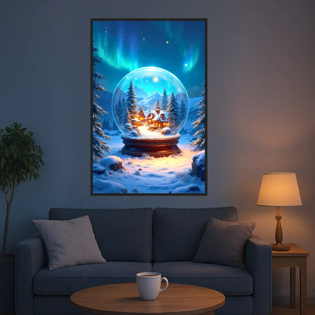 XXL Diamond Painting einer beleuchteten Hütte in einer Schneekugel vor einer verschneiten Winterlandschaft mit Nordlichtern