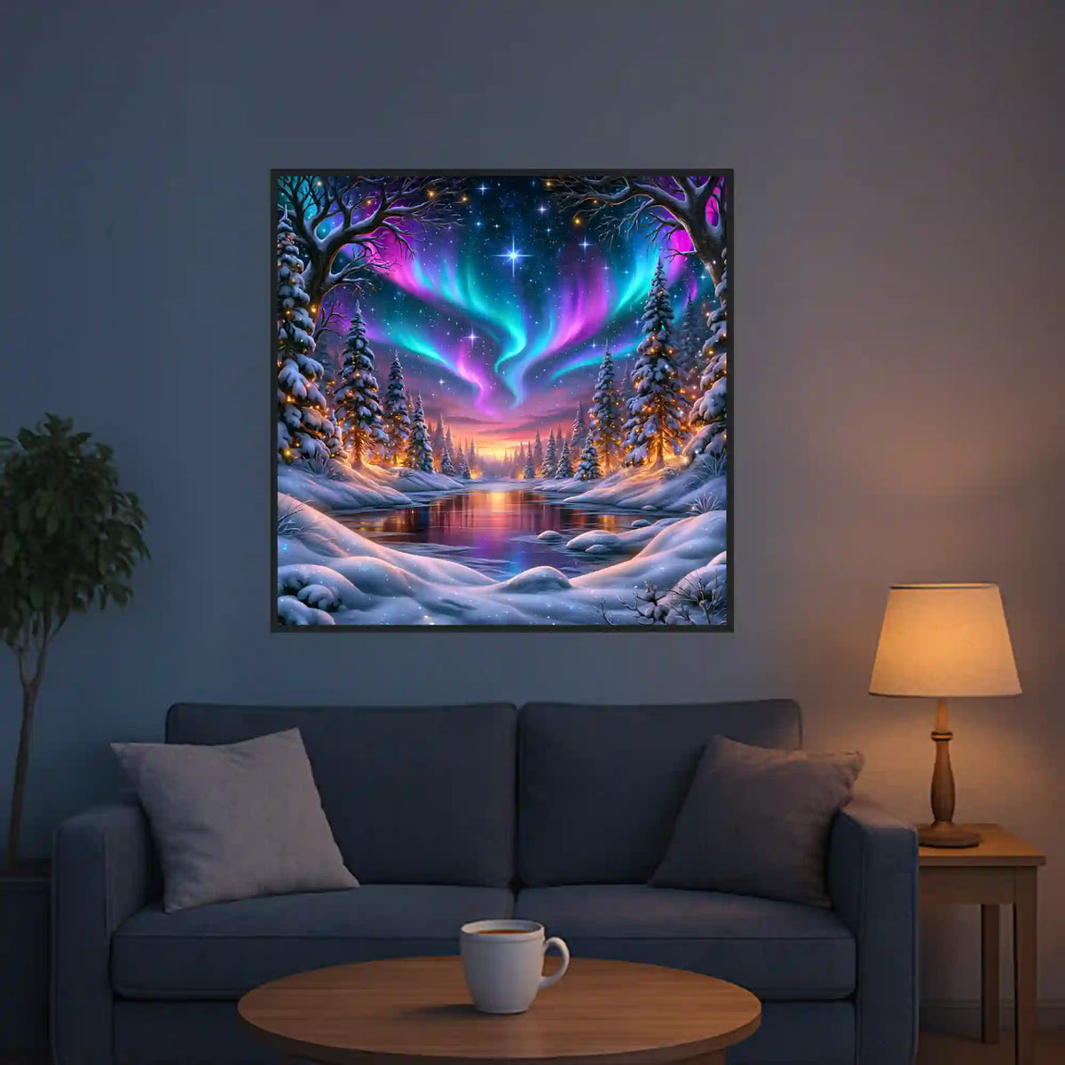 XXL Diamond Painting Winterlandschaft mit Polarlichtern, Tannenwald und Sternenhimmel als fertiges Wandbild im Wohnzimmer.