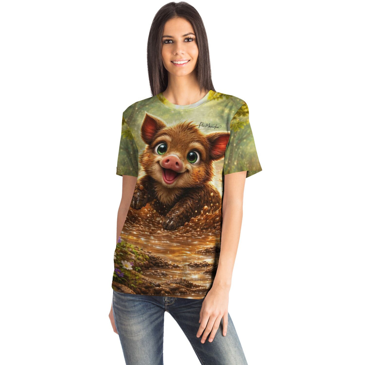 Frau trägt Dreamer T-Shirt Pfützenglück mit süßem Wildschwein-Motiv, inspiriert von Diamond Painting und Malen nach Zahlen