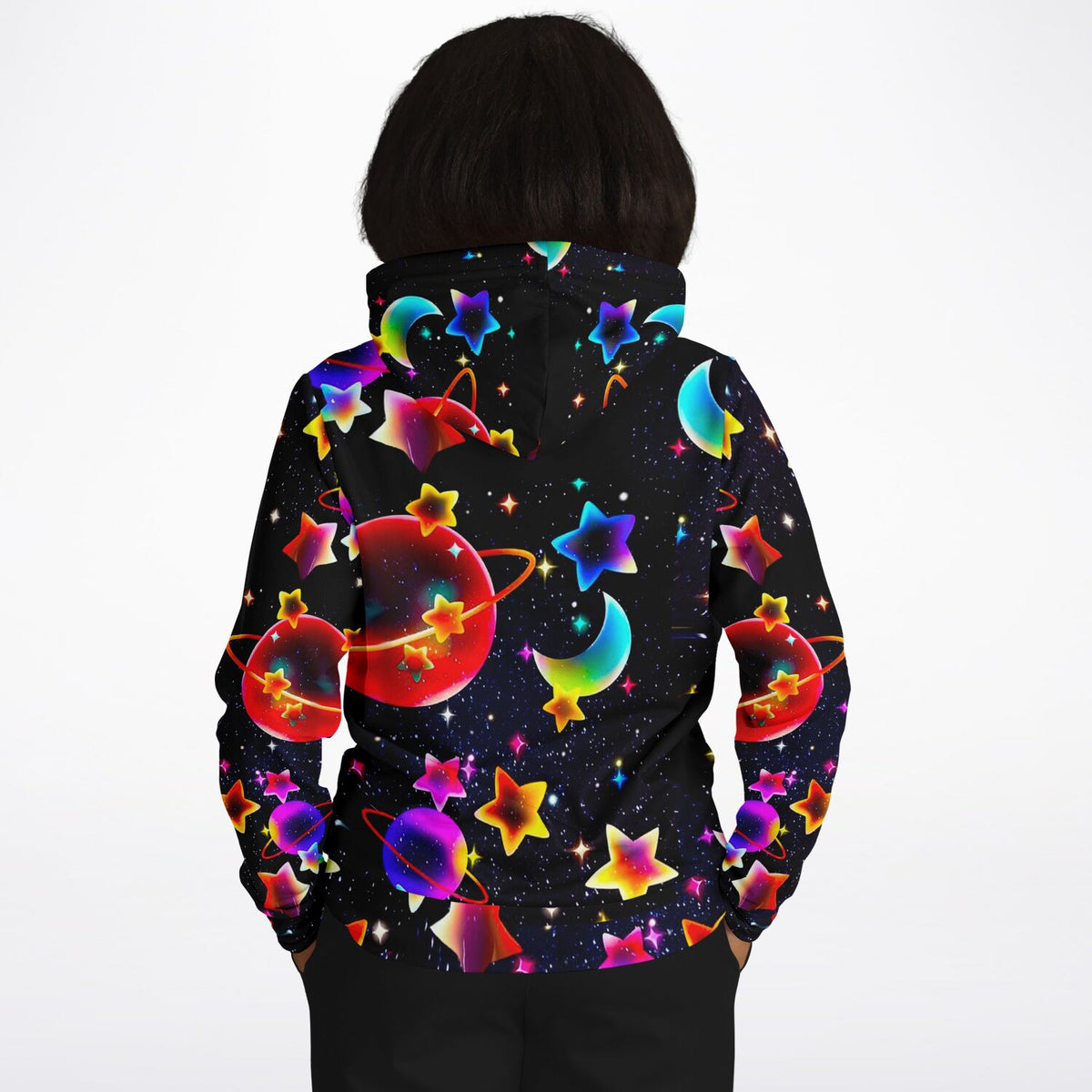 Dreamer Hoodie für Kinder mit buntem Universum-Muster, leuchtenden Planeten und Sternen im Diamond-Painting-Stil
