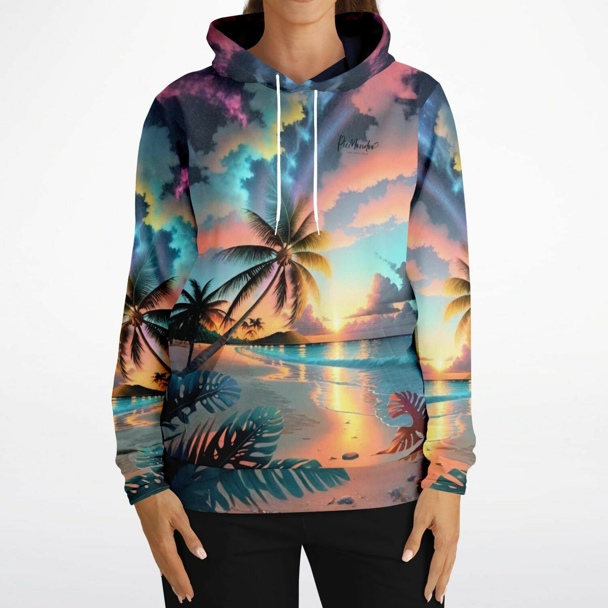 Dreamer Hoodie mit farbenfrohem Palmen-Strandmotiv im Abendhimmel, inspiriert von Diamond Painting und Kunst-Designs.