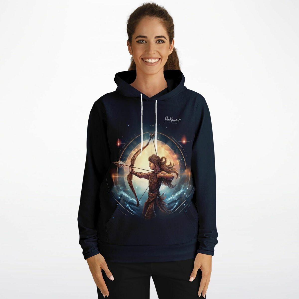 Dunkelblauer Hoodie mit Sternzeichen Schütze Motiv für Fans von Diamond Painting und kreativen Designs von Picmondoo.