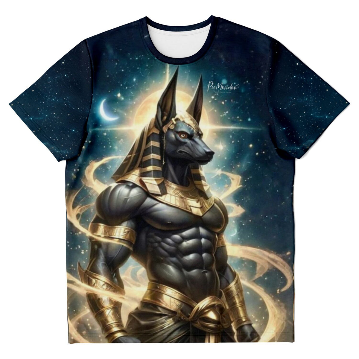 Schwarzes T-Shirt mit Anubis ägyptisches Gott Motiv vor Sternenhimmel, passend zum Diamond Painting und Malen nach Zahlen Stil