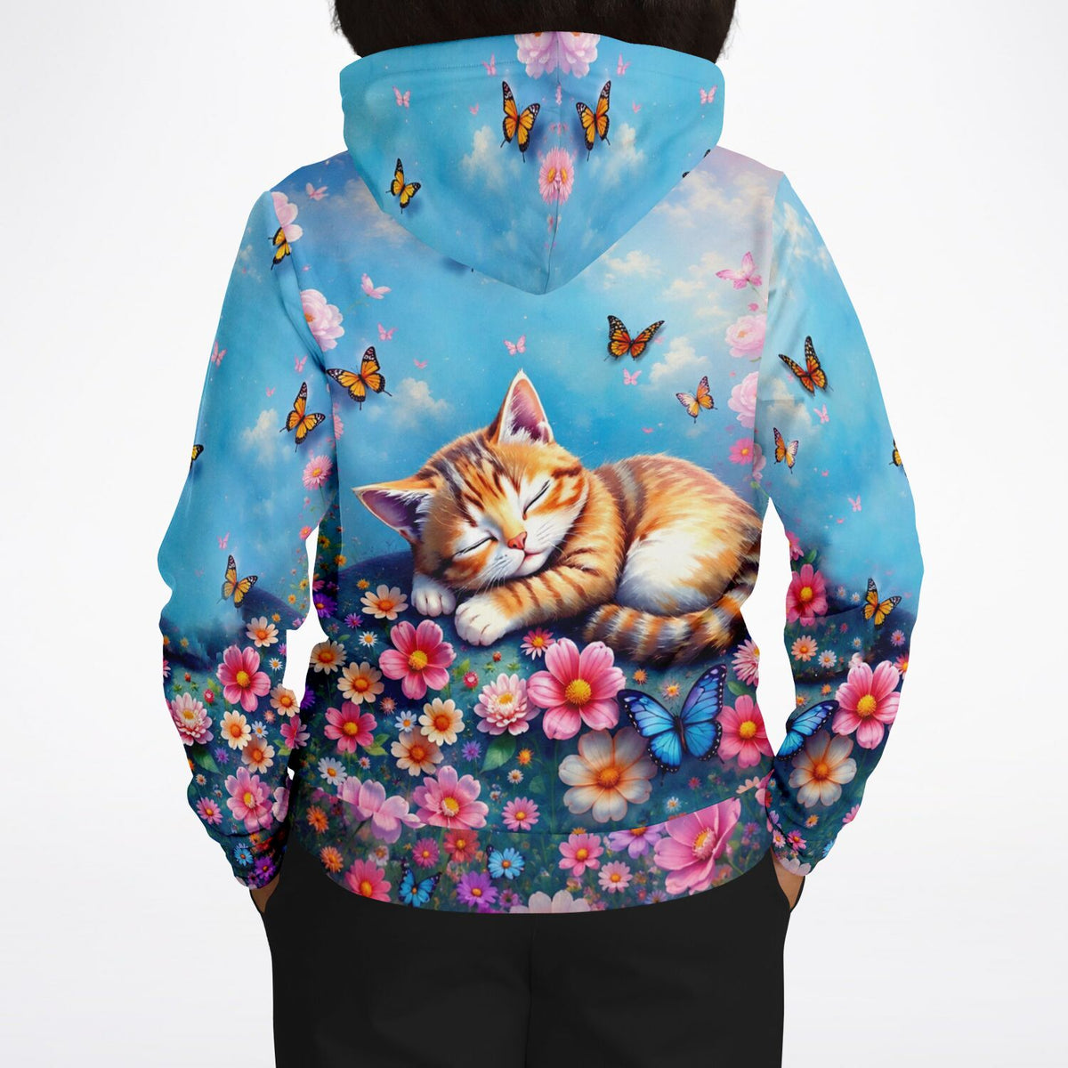 Dreamer Hoodie mit niedlichem schlafendem Kätzchen, bunten Blumen und Schmetterlingen im All-Over-Print Design