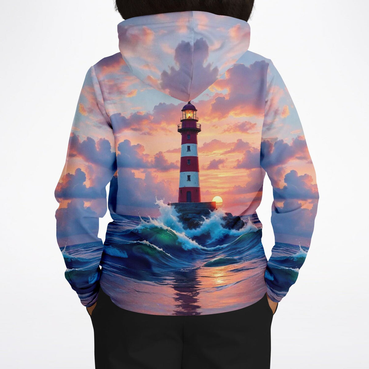 Dreamer Hoodie mit Leuchtturm-Motiv wie bei Diamond Painting und Malen nach Zahlen, Leuchtturm bei Sonnenuntergang am Meer