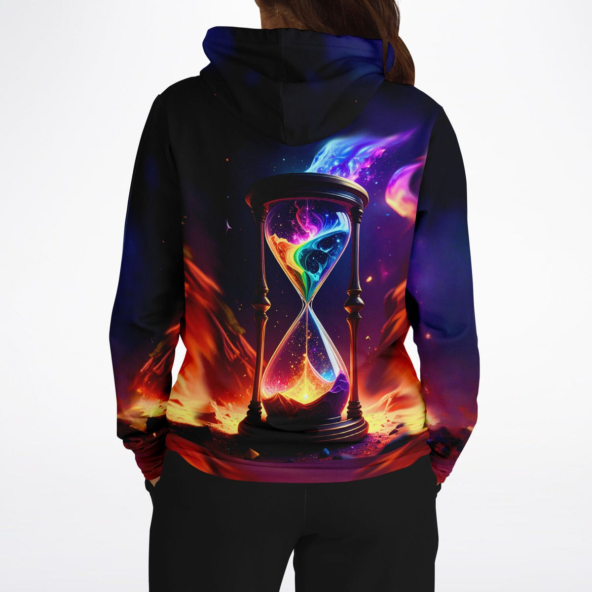 Dreamer Hoodie Atem der Schöpfung mit buntem Sanduhr-Motiv in leuchtenden Farben auf schwarzem All-Over-Print Stoff