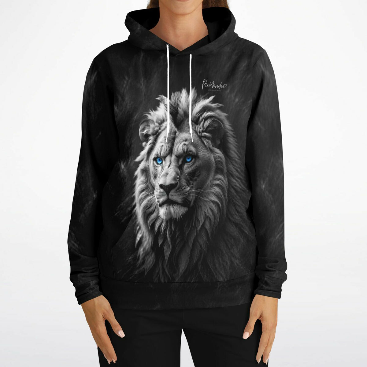 Schwarzer Hoodie mit Löwen Motiv in Schwarz-Weiß und leuchtend blauen Augen für Diamond Painting Fans von Picmondoo