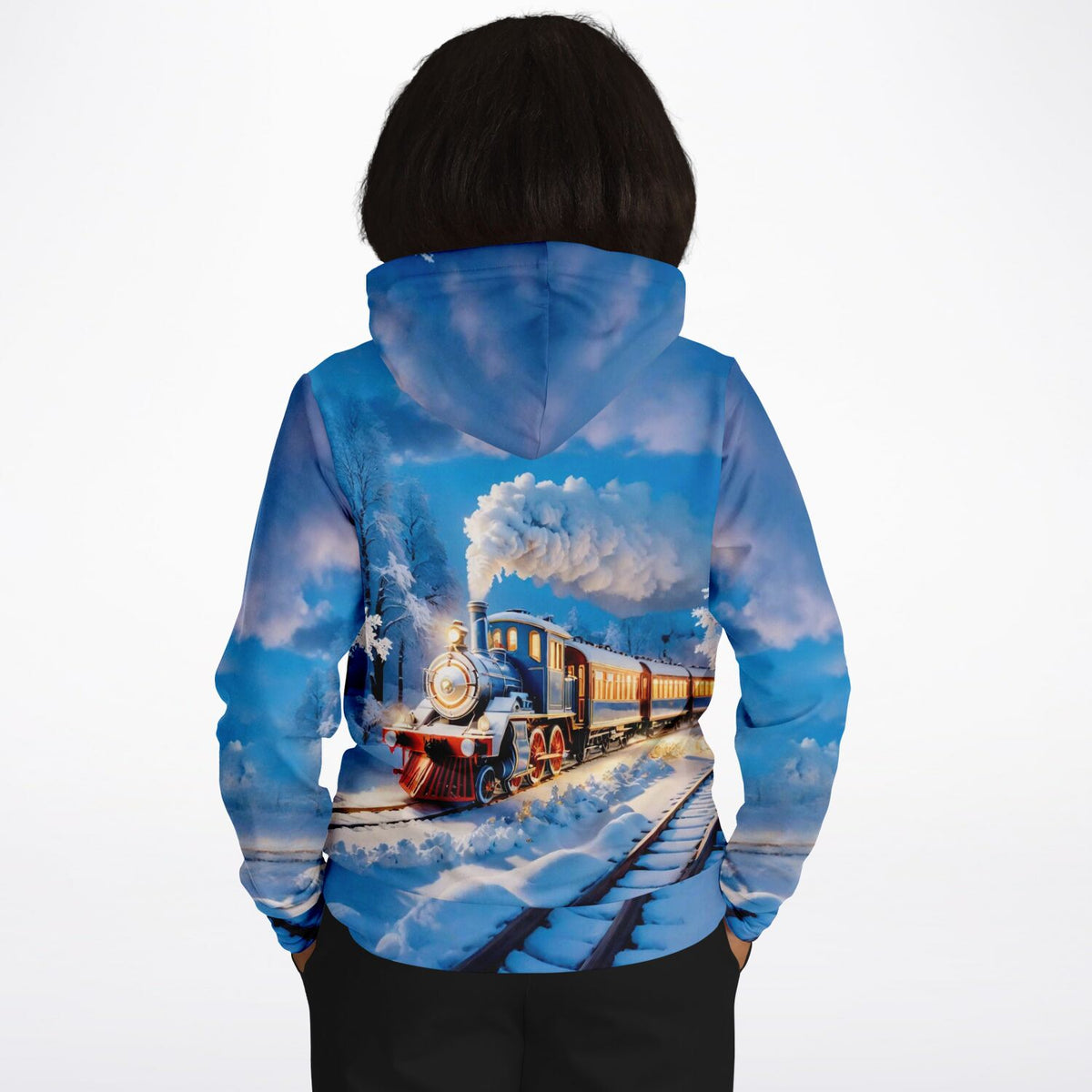 Dreamer Hoodie mit Night Train Motiv – winterliche Dampflokomotive im Schnee, ideal für Fans von Malen nach Zahlen Designs