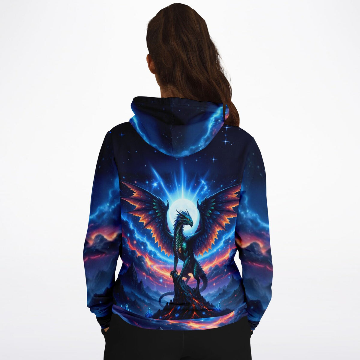 Dreamer Hoodie Aetherion mit Drachen Motiv in leuchtenden Galaxie Farben für Fantasy Fans
