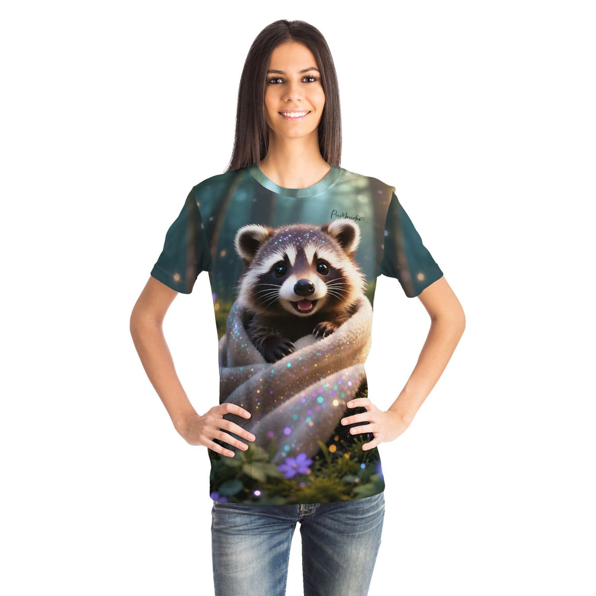 Frau trägt T-Shirt mit Diamond Painting Motiv: süßer Waschbär in Decke, inspiriert durch unsere Glitzerstein-Sets.