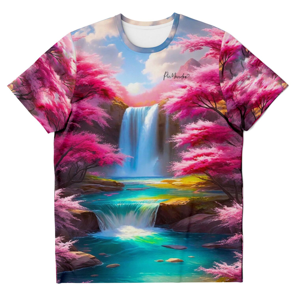 T-Shirt mit Kirschblüten und Wasserfall-Motiv, inspiriert von Diamond Painting Kunstdesigns in leuchtenden Farben.