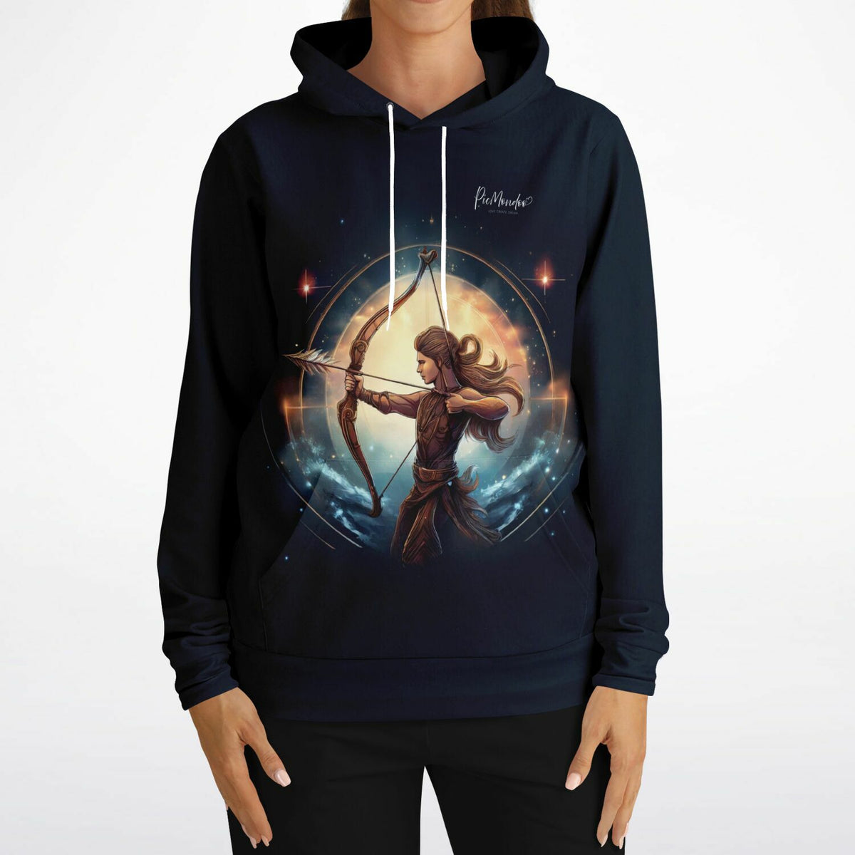 Dunkelblauer Dreamer Hoodie Sternzeichen Schütze mit kunstvollem Bogenschützen-Motiv im Stil von Diamond Painting Kunst