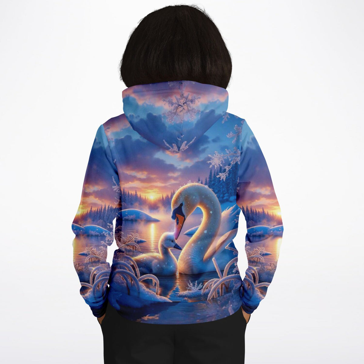 Dreamer Hoodie mit Schwan-Motiv im Winter-Design, ideal als Inspiration für Diamond Painting oder Malen nach Zahlen