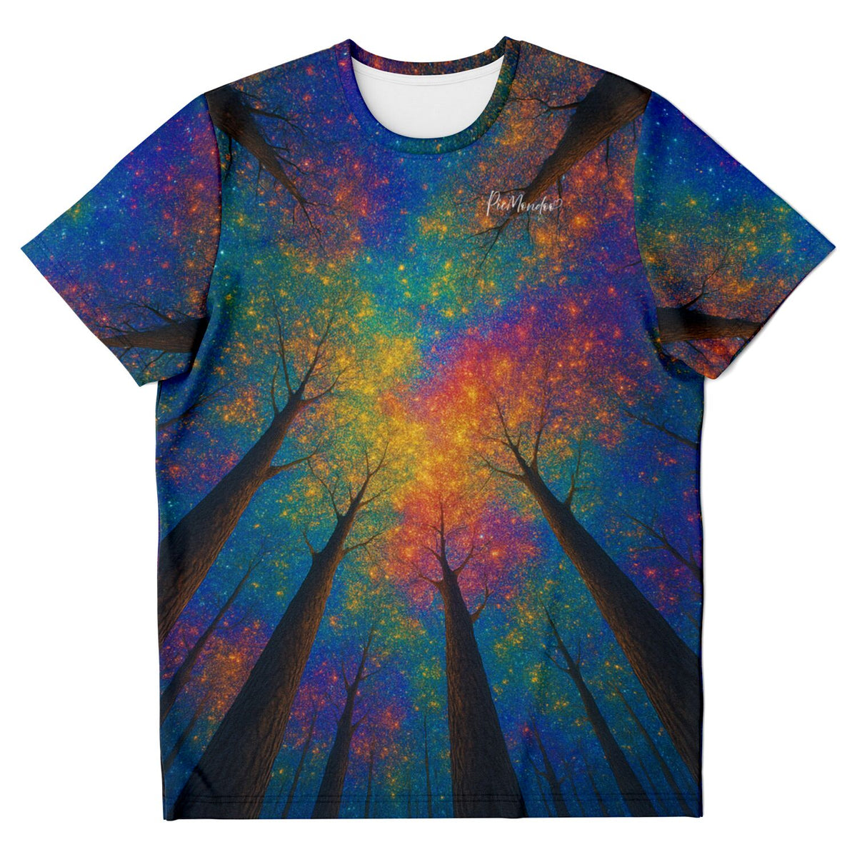 T-Shirt mit Regenbogenwald-Motiv, inspiriert von Diamond Painting Farbverläufen und nächtlicher Wald-Atmosphäre