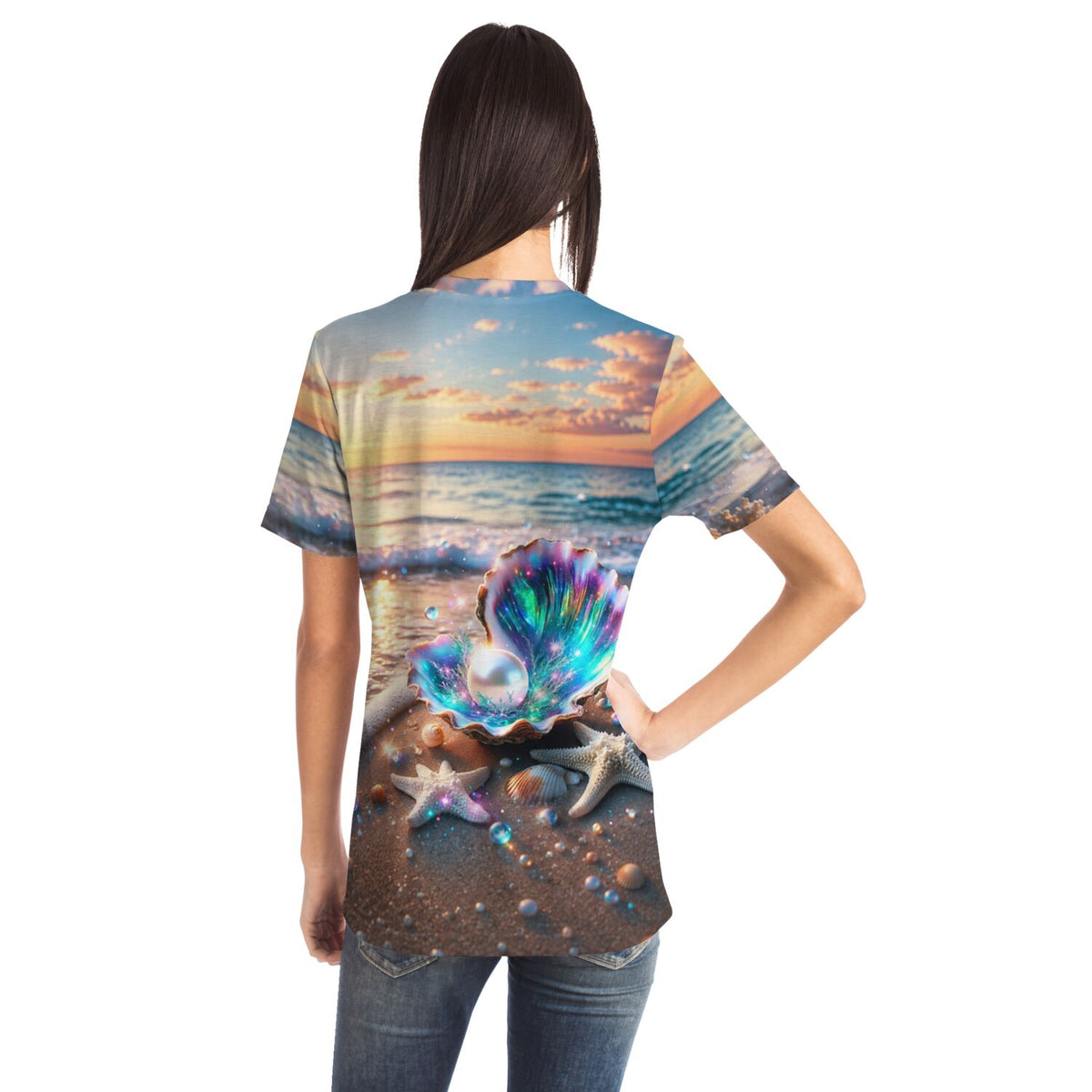 Dreamer T-Shirt Innerer Schatz mit magischer Muschel und Perle im Stil von Diamond Painting am Strand bei Sonnenuntergang