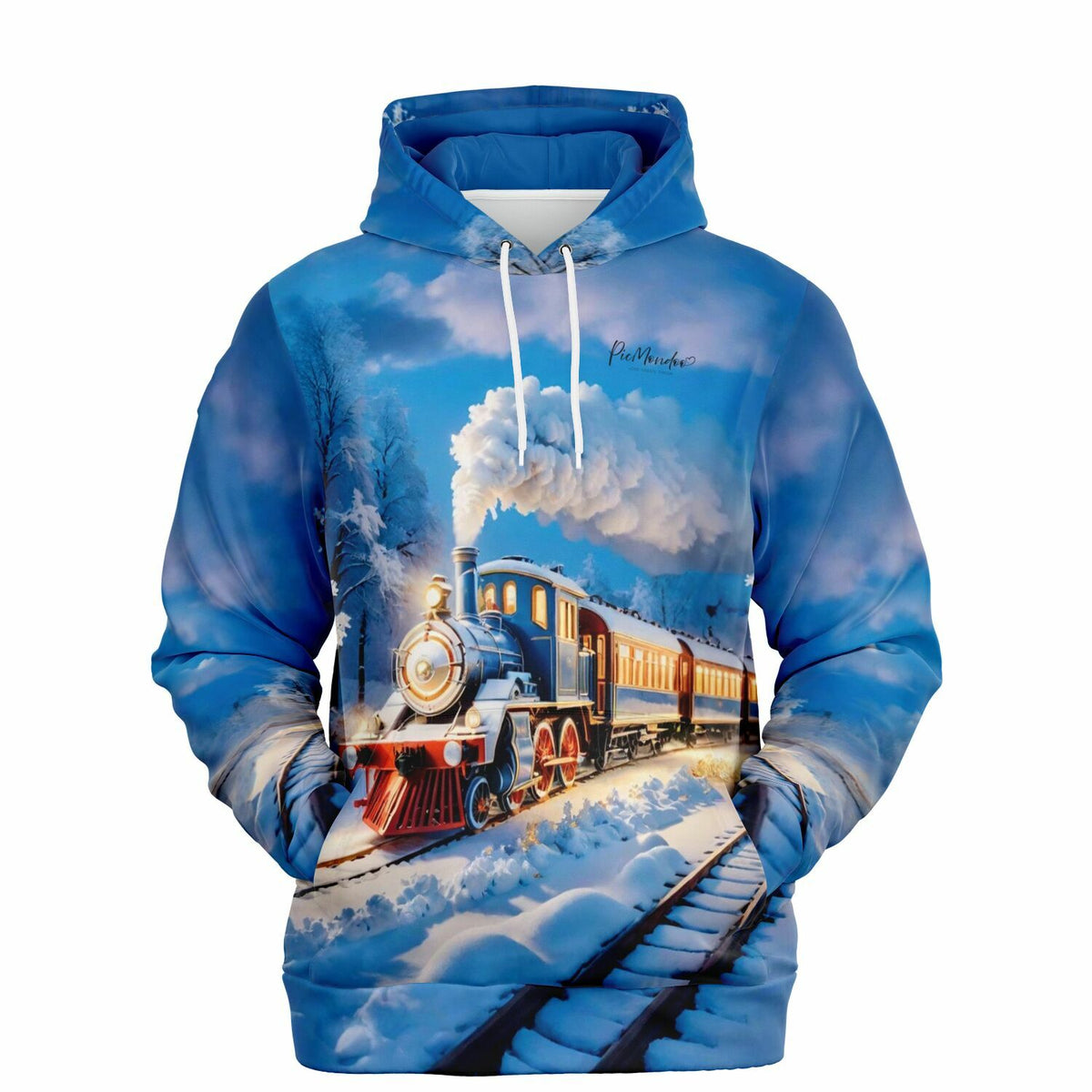 Dreamer Hoodie Night Train: Ein blaues Sweatshirt mit einer dampfenden Lokomotive in einer verschneiten Winterlandschaft.