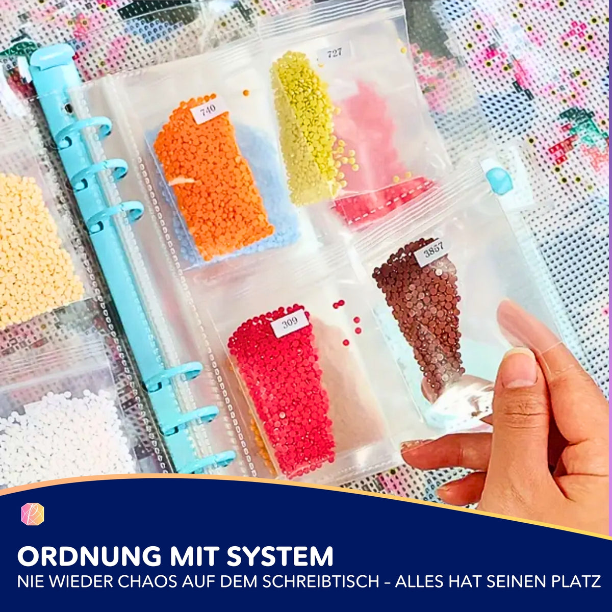 Diamond Painting Sammelmappe mit beschrifteten Tütchen voll bunter Diamanten zum sortieren und aufbewahren