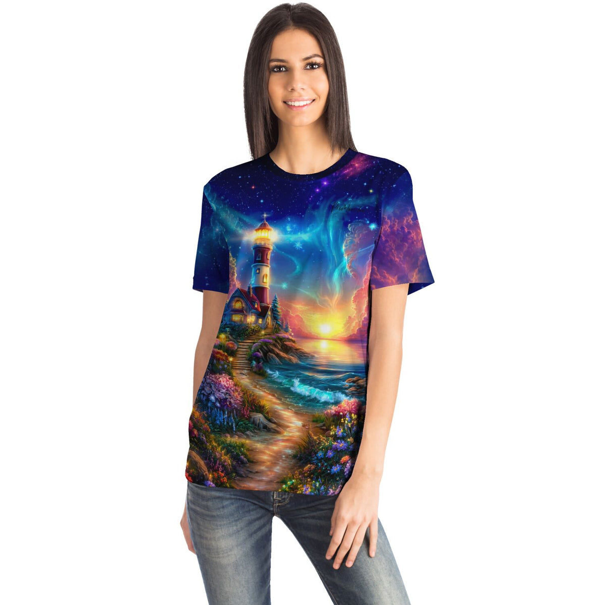 Frau trägt Dreamer T-Shirt mit Wächter des Horizonts Motiv, inspiriert von Diamond Painting und Malen nach Zahlen Kunst