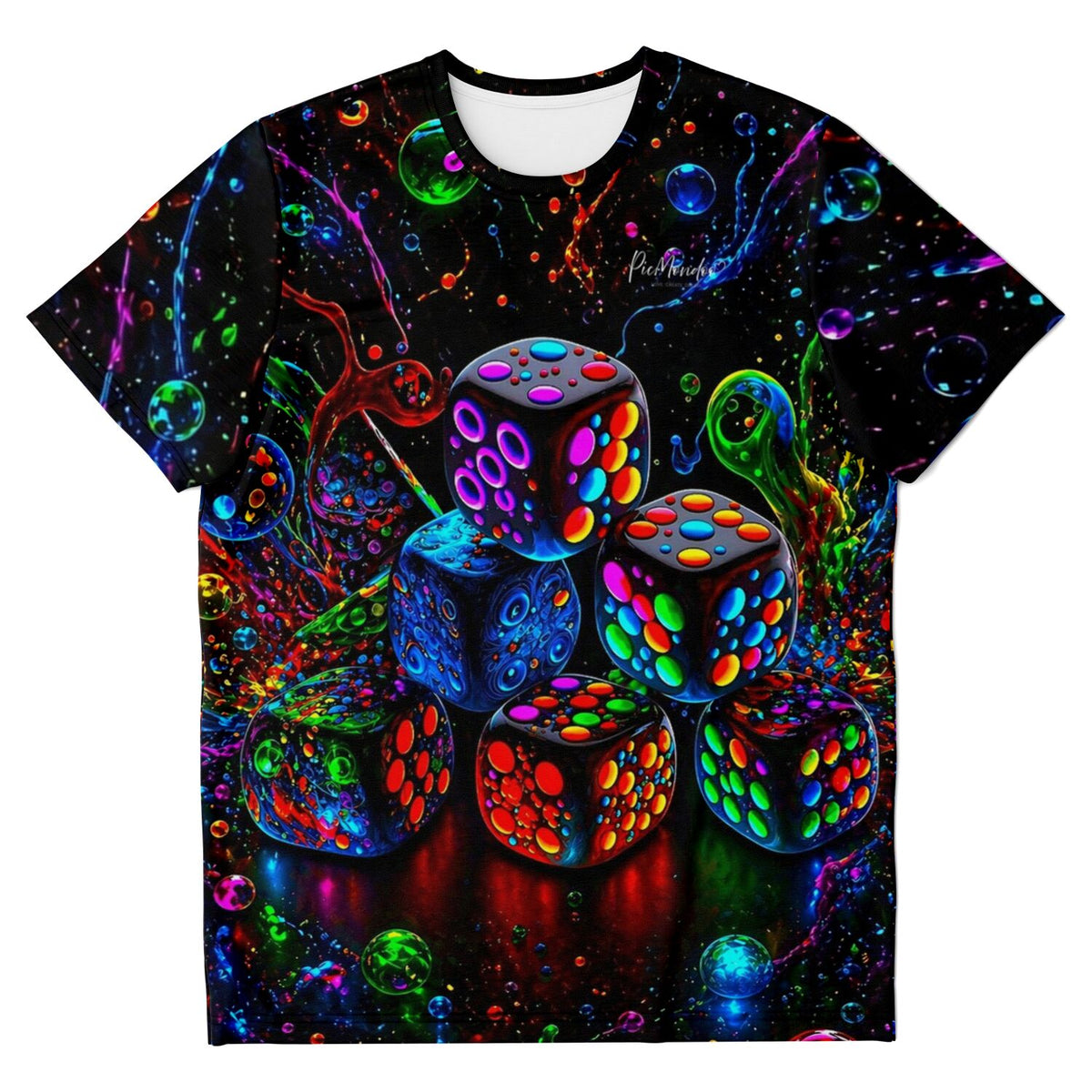 Schwarzes T-Shirt mit farbenfrohem Casino-Motiv, Würfel-Design und neonfarbenen Spritzern in Diamond Painting Optik