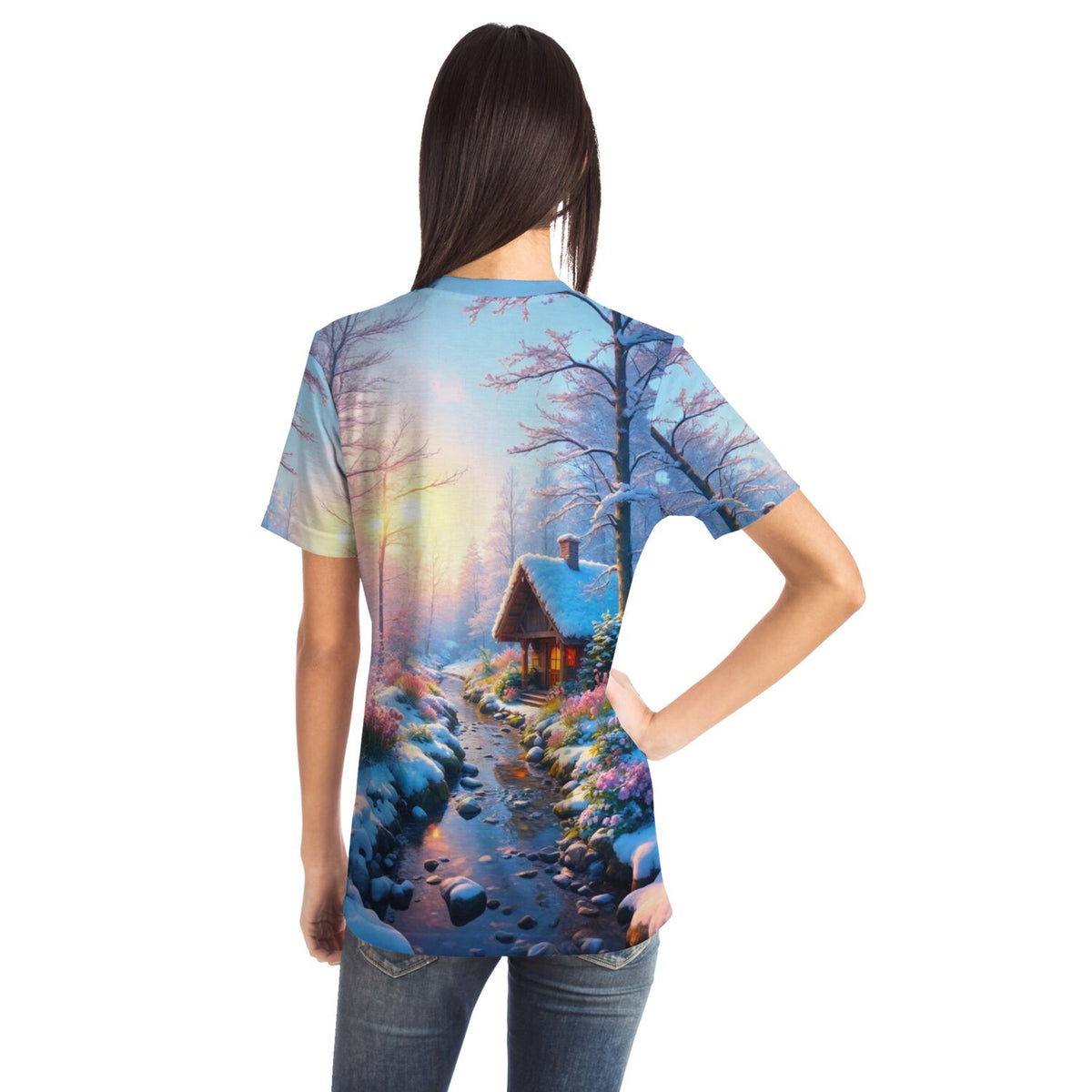 T-Shirt mit Wintermorgen-Motiv, kunstvoller Landschaftsdruck wie bei Diamond Painting oder Malen nach Zahlen