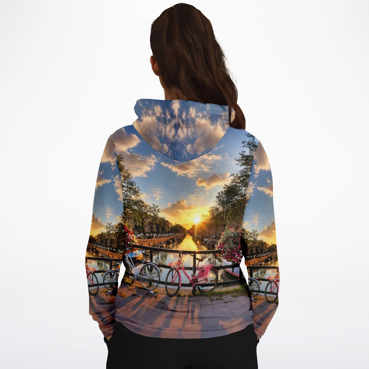 Hoodie mit Motiv Sonnenuntergang in Amsterdam, Fahrrädern an einer Brücke und kunstvollem Druck im Malen nach Zahlen Stil