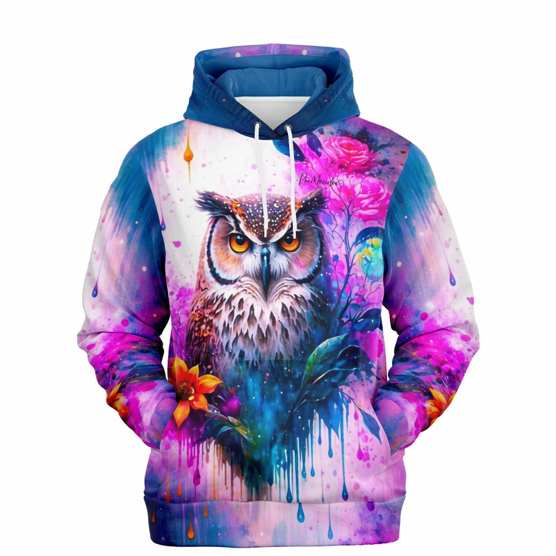Dreamer Hoodie mit farbenfrohem Eulen-Motiv im Stil von Malen nach Zahlen Kunst in Pink und Blau