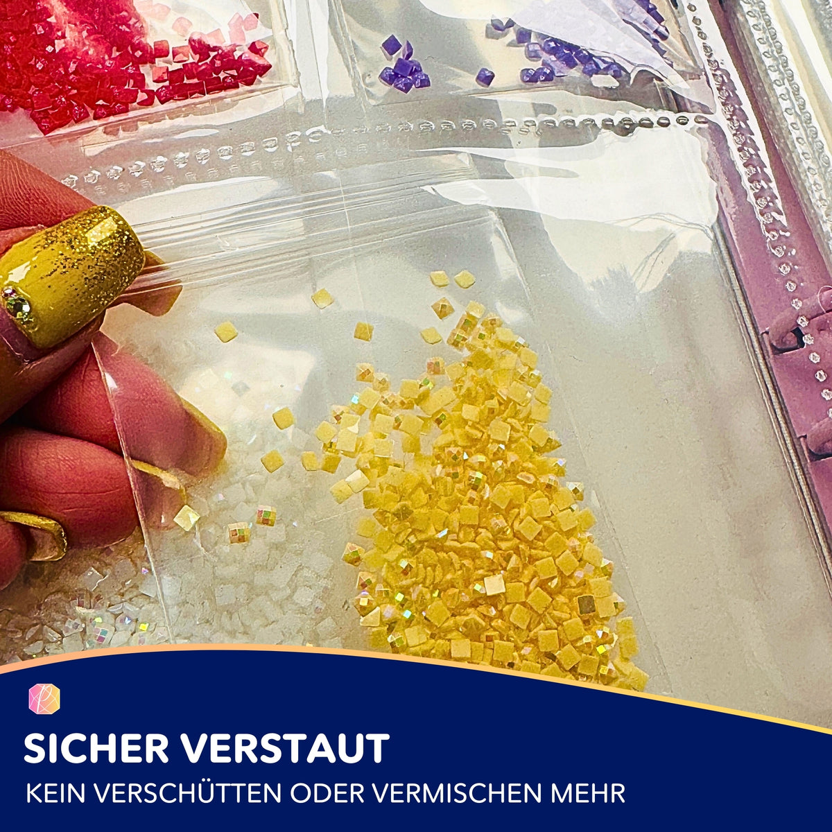 Diamond Painting Sammelmappe mit sortierten Diamanten in kleinen Tütchen zur übersichtlichen Aufbewahrung von Steinchen.