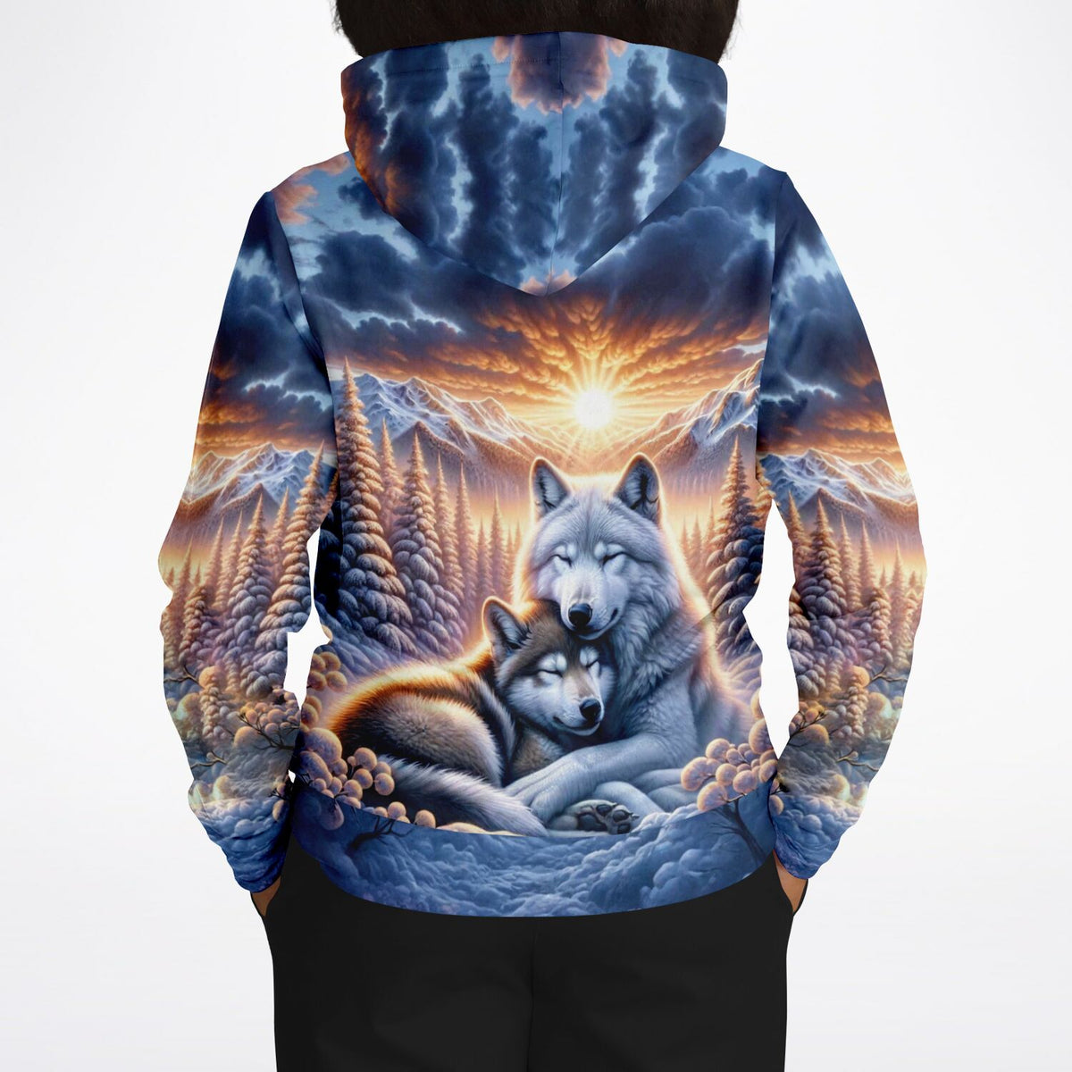Dreamer Hoodie mit Wolfliebe im Sonnenaufgang, stilvoller All-Over-Print passend zu unseren Diamond Painting Motiven