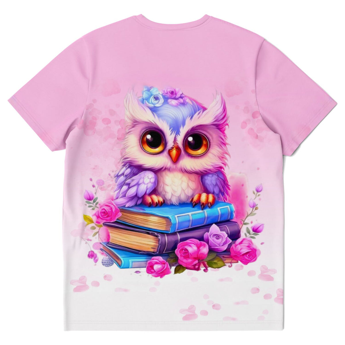 Rosa T-Shirt mit niedlichem Eulenkopf auf einem Bücherstapel, im Stil von Malen nach Zahlen Motiven für Erwachsene