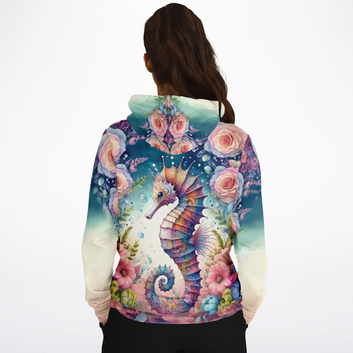 Dreamer Hoodie Seepferdchen Blütentraum mit buntem Unterwasser-Motiv und Blumen, inspiriert durch Diamond Painting Kunst