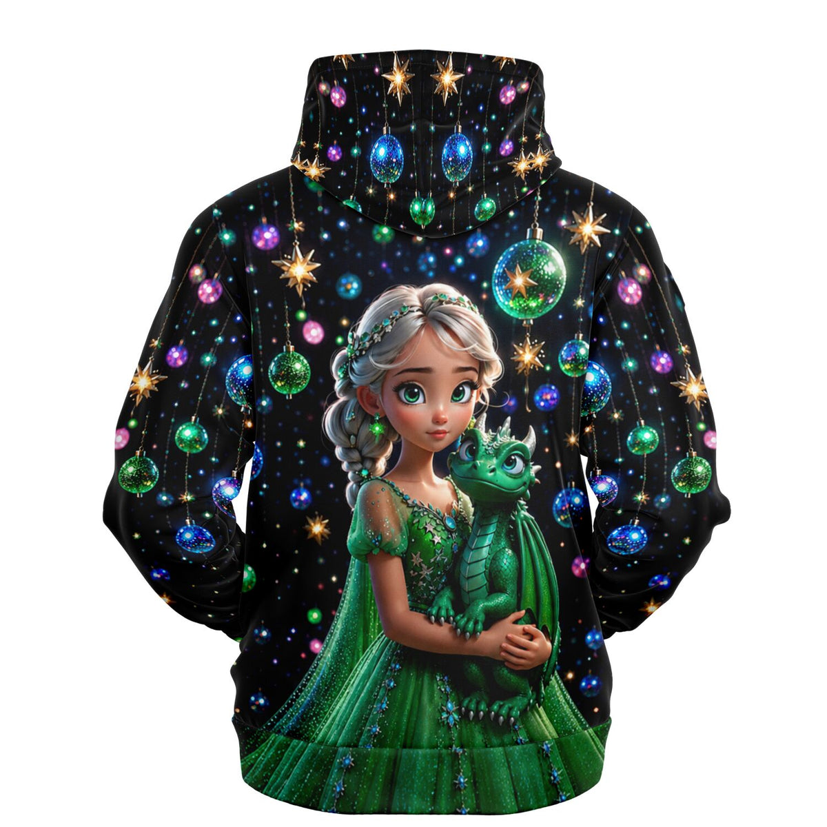 Schwarzer Hoodie mit Dragon Girl Motiv, inspiriert durch Diamond Painting Kunst, Fantasy-Prinzessin mit grünem Drachen
